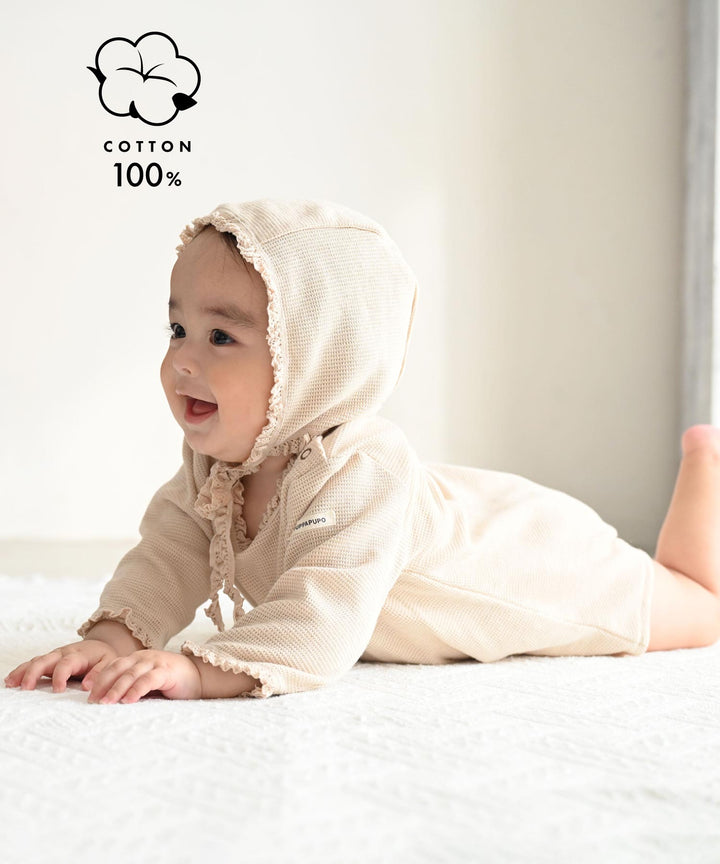 Long-Sleeve Romper with Bonnet (Waffle Knit)