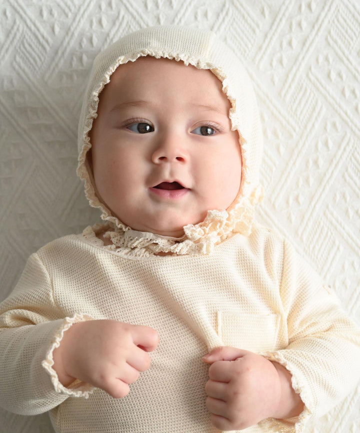 Long-Sleeve Romper with Bonnet (Waffle Knit)
