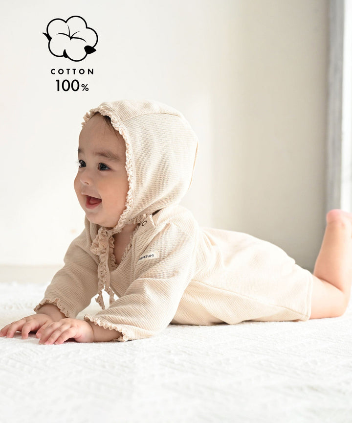 Long-Sleeve Romper with Bonnet (Waffle Knit)