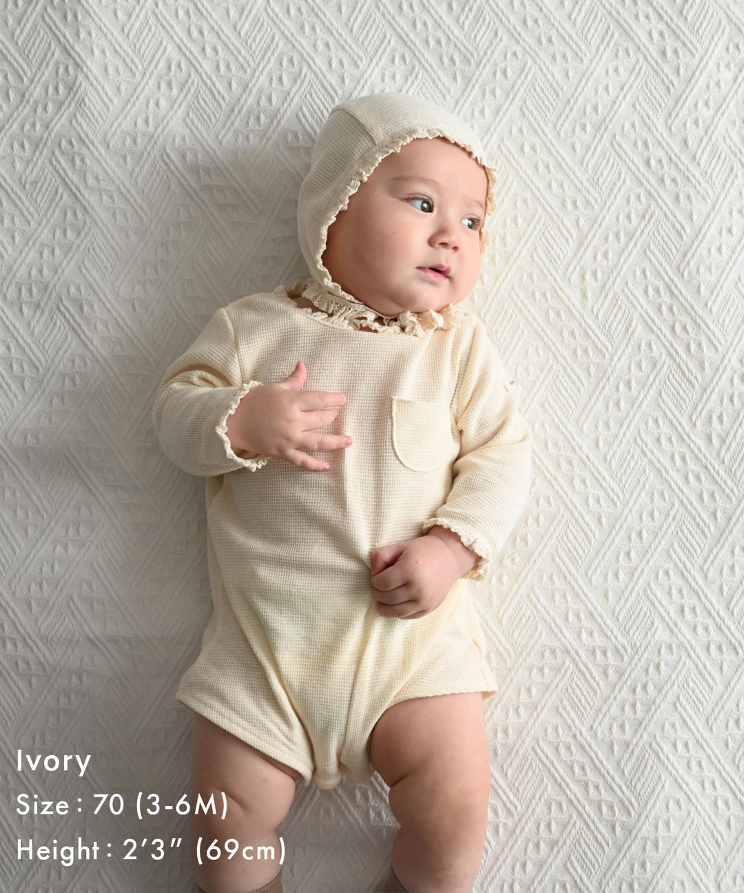 Long-Sleeve Romper with Bonnet (Waffle Knit)