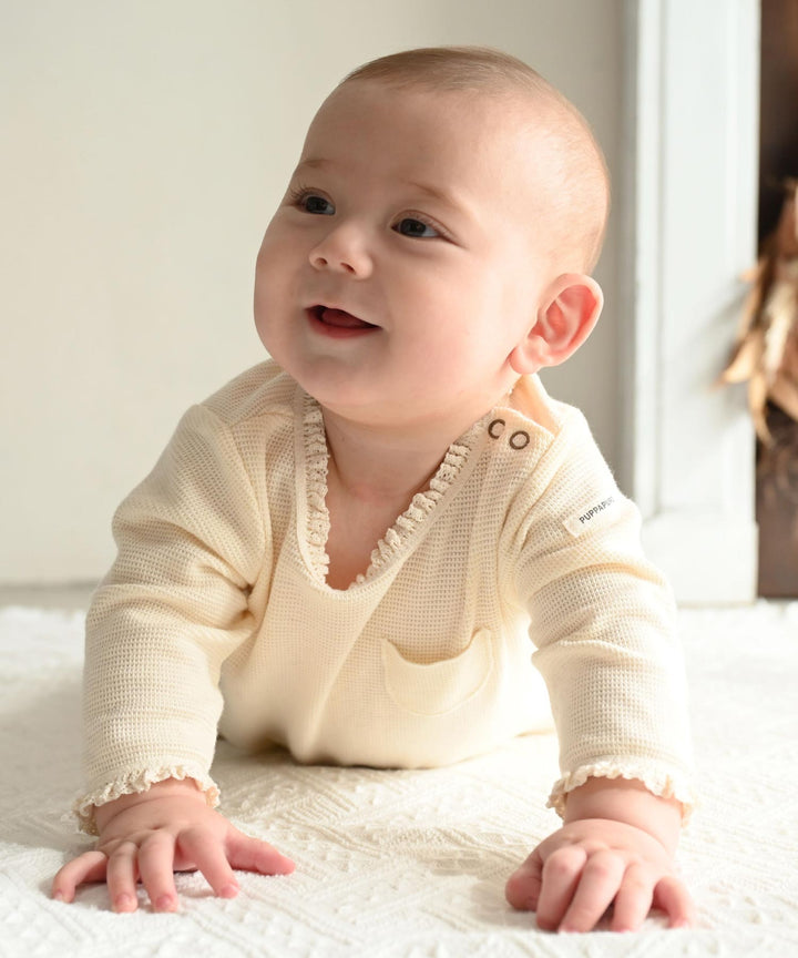 Long-Sleeve Romper with Bonnet (Waffle Knit)