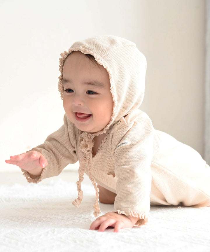 Long-Sleeve Romper with Bonnet (Waffle Knit)