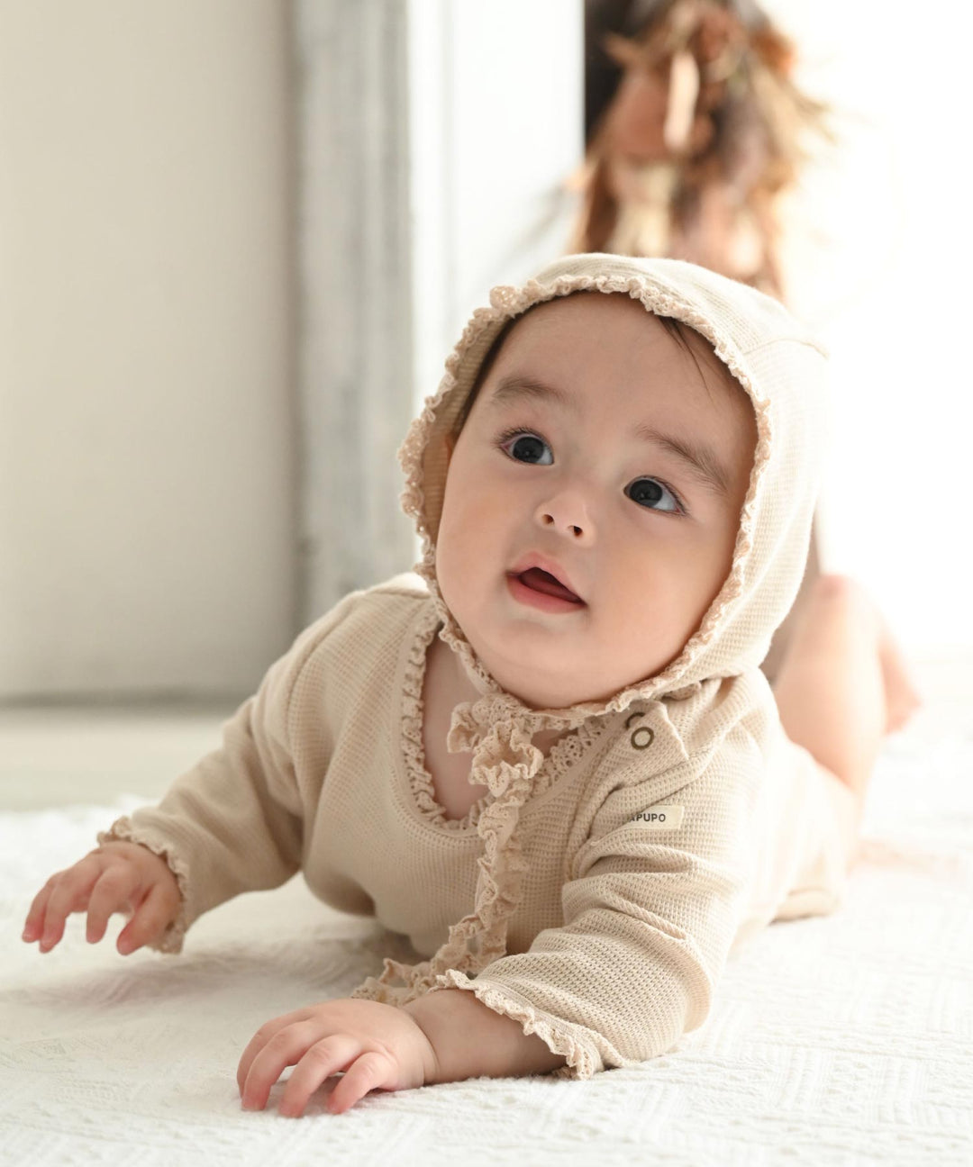 Long-Sleeve Romper with Bonnet (Waffle Knit)