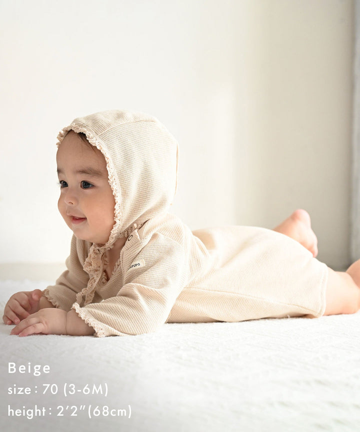 Long-Sleeve Romper with Bonnet (Waffle Knit)