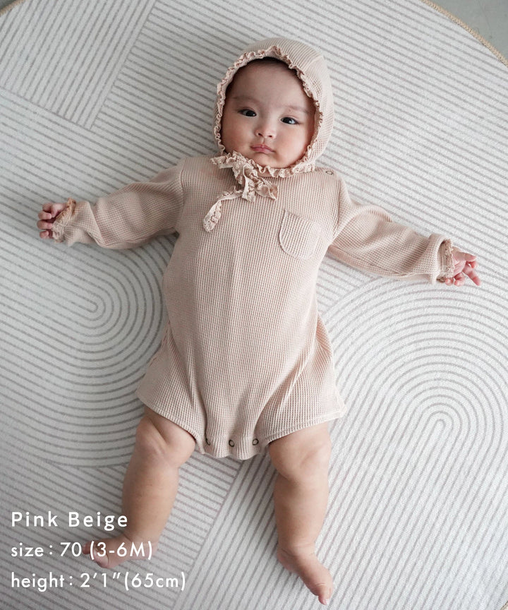 Long-Sleeve Romper with Bonnet (Waffle Knit)