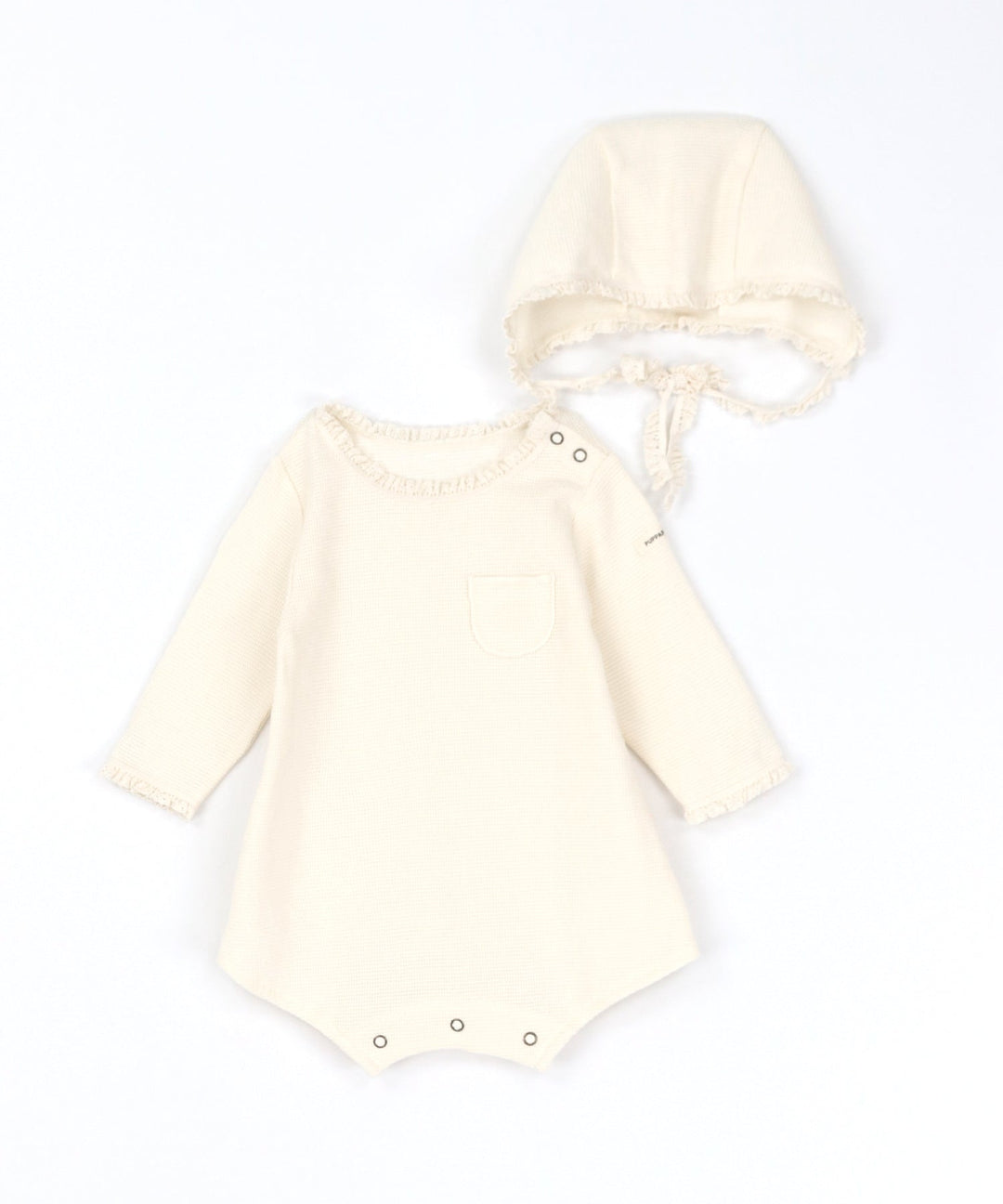 Long-Sleeve Romper with Bonnet (Waffle Knit)