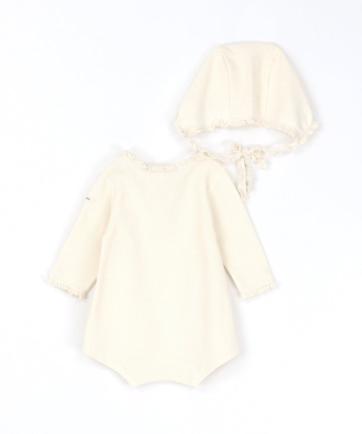 Long-Sleeve Romper with Bonnet (Waffle Knit)