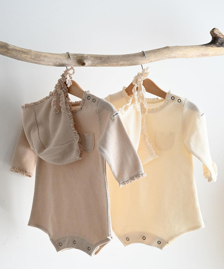 Long-Sleeve Romper with Bonnet (Waffle Knit)
