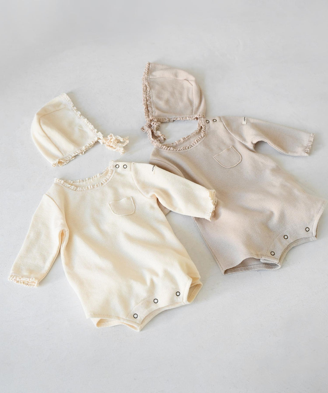 Long-Sleeve Romper with Bonnet (Waffle Knit)