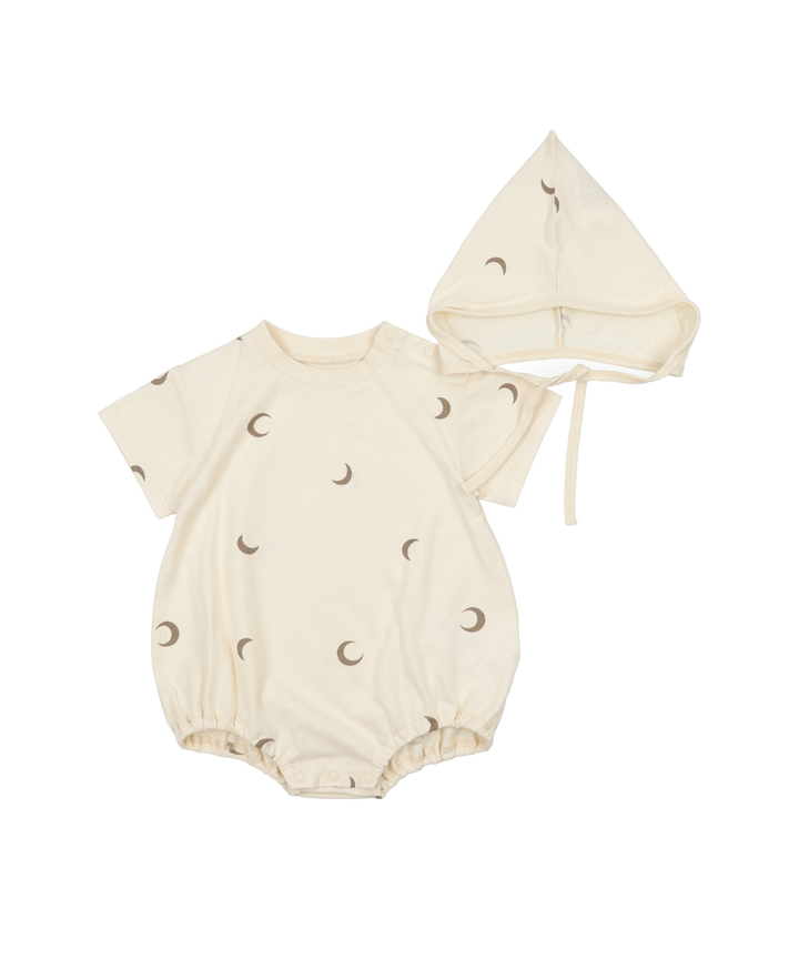 Short-sleeved printed rompers with bonnet
