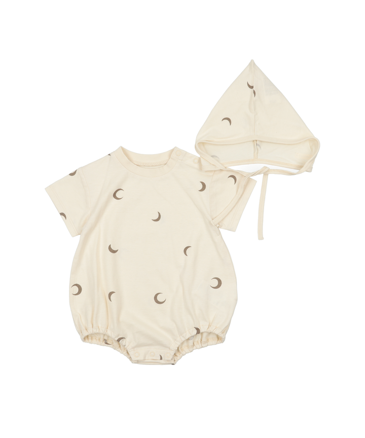 Short-sleeved Printed Romper with Bonnet