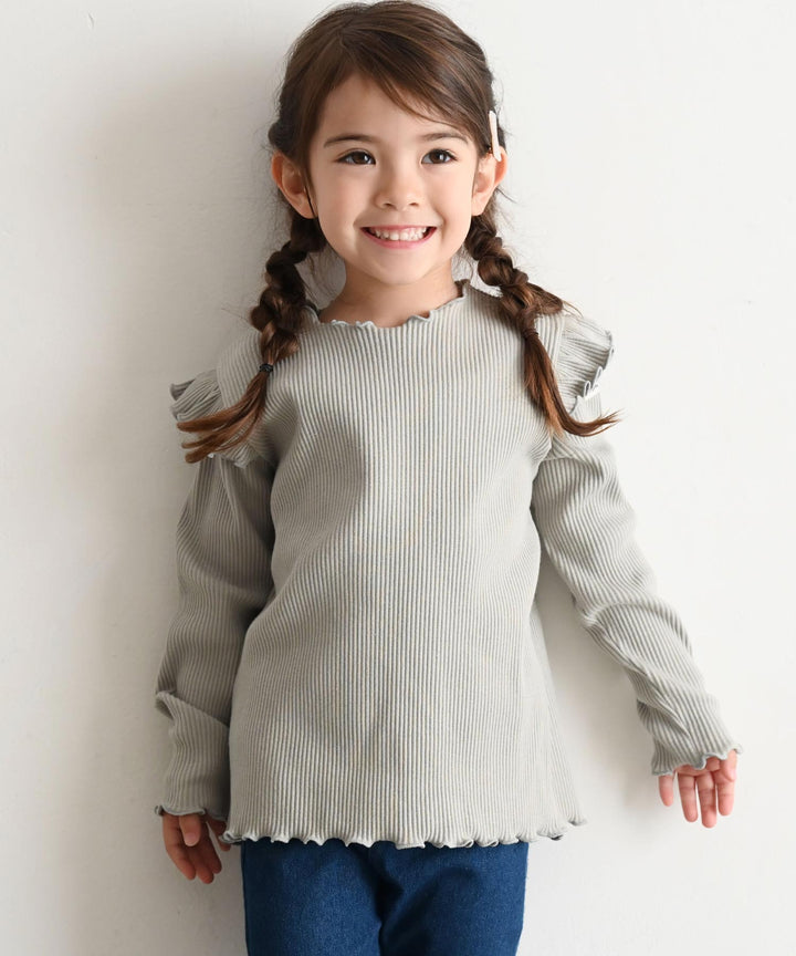 【AW】Shoulder-Frill Ribbed Long-Sleeve T-Shirt