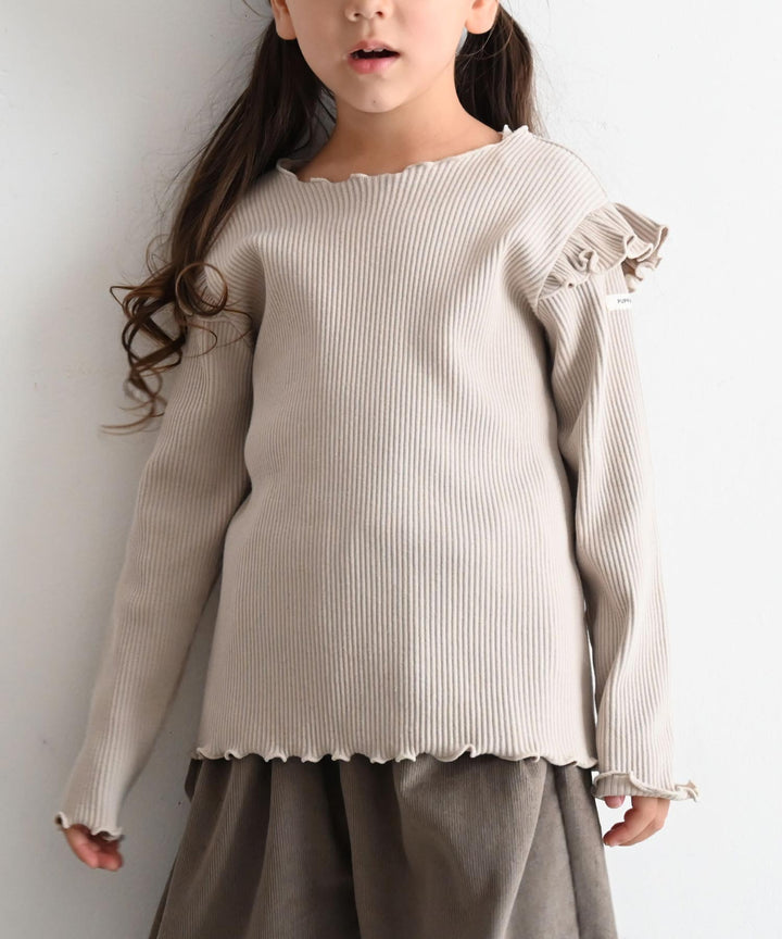 【AW】Shoulder-Frill Ribbed Long-Sleeve T-Shirt