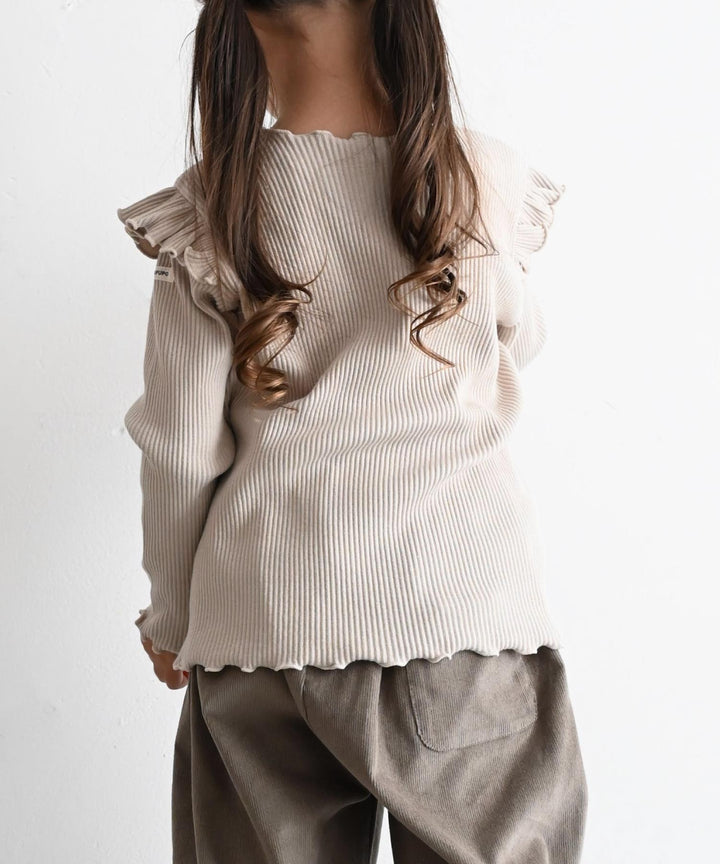 【AW】Shoulder-Frill Ribbed Long-Sleeve T-Shirt