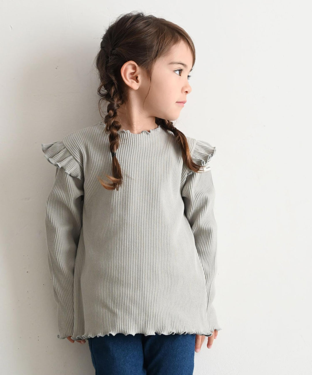 【AW】Shoulder-Frill Ribbed Long-Sleeve T-Shirt