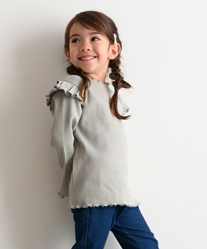 【AW】Shoulder-Frill Ribbed Long-Sleeve T-Shirt