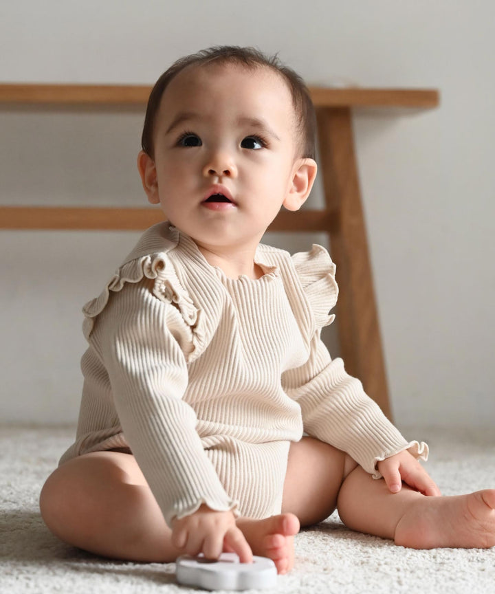 Shoulder-Frill Ribbed Long-Sleeve Romper