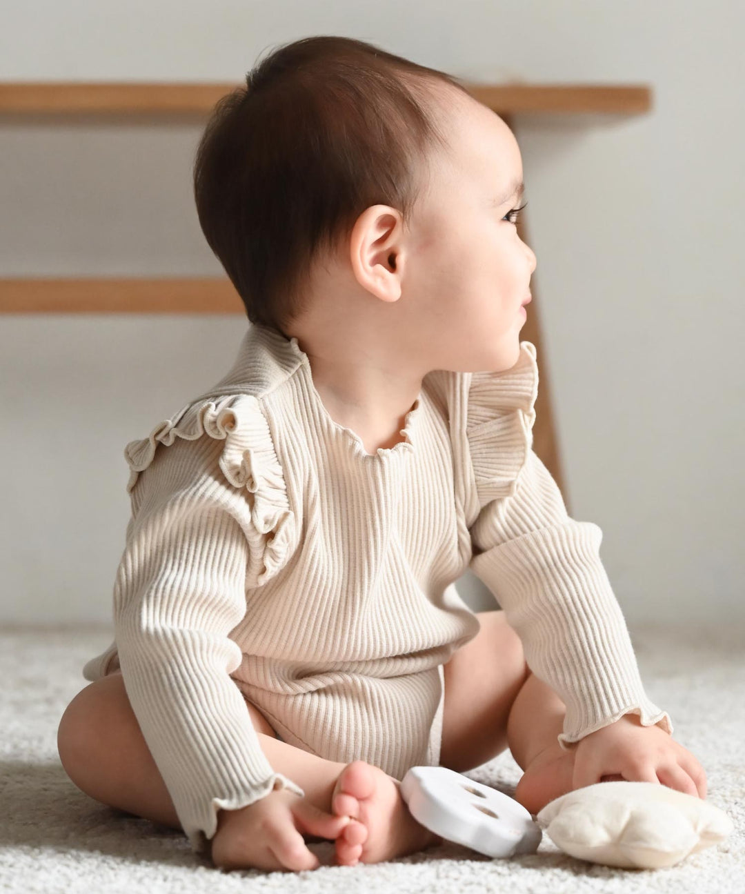 Shoulder-Frill Ribbed Long-Sleeve Romper