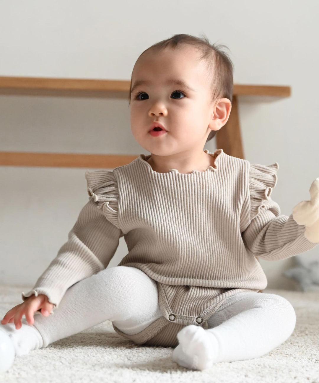 Shoulder-Frill Ribbed Long-Sleeve Romper