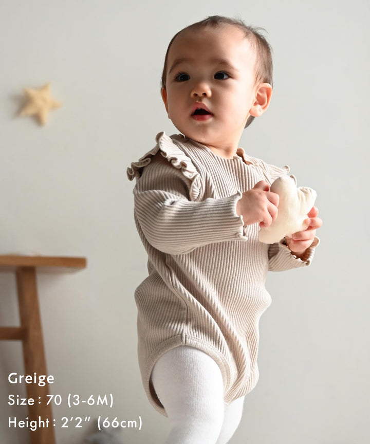 Shoulder-Frill Ribbed Long-Sleeve Romper