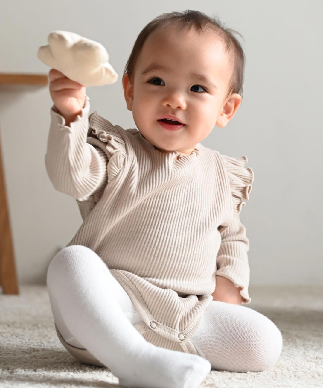 Shoulder-Frill Ribbed Long-Sleeve Romper