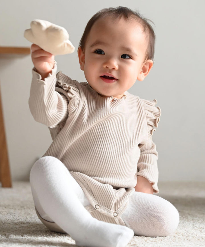 Shoulder-Frill Ribbed Long-Sleeve Romper