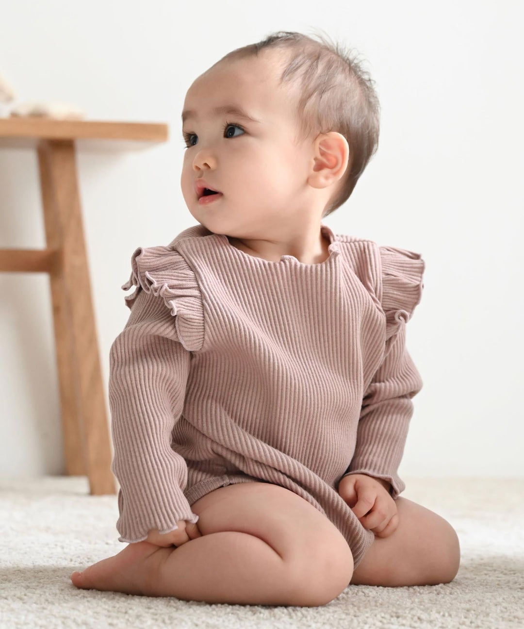 Shoulder-Frill Ribbed Long-Sleeve Romper