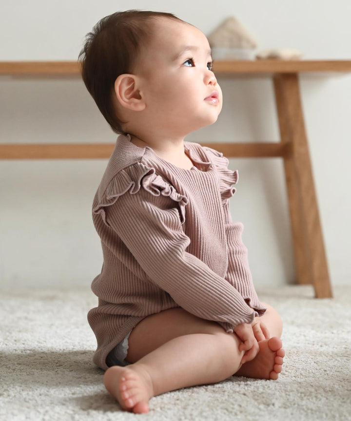 Shoulder-Frill Ribbed Long-Sleeve Romper