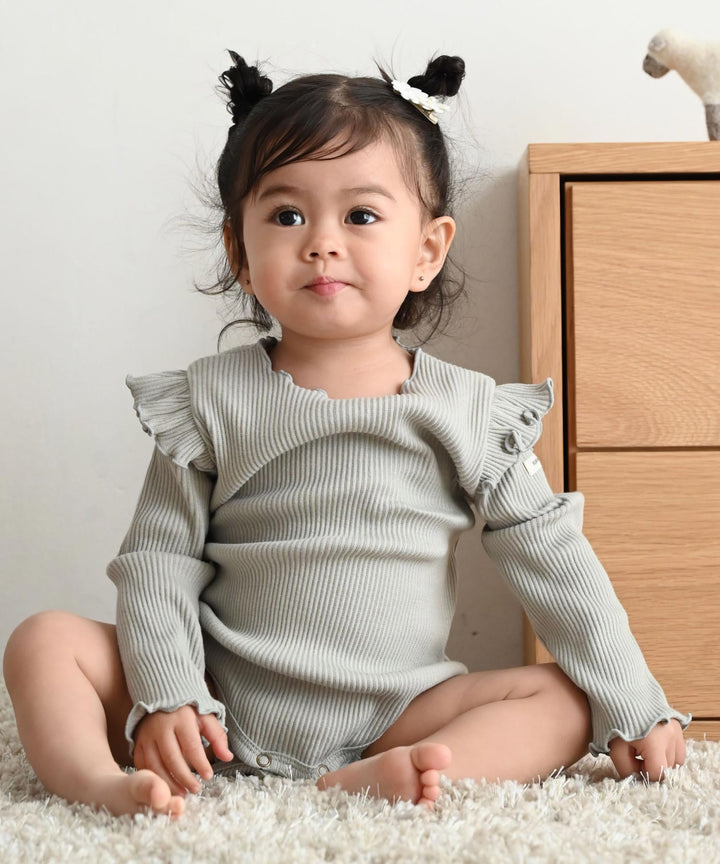 Shoulder-Frill Ribbed Long-Sleeve Romper