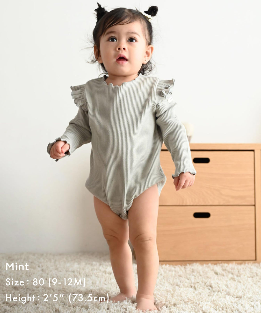 Shoulder-Frill Ribbed Long-Sleeve Romper