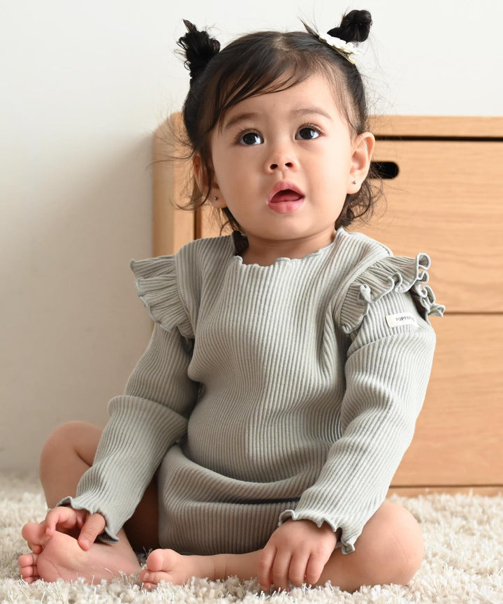 Shoulder-Frill Ribbed Long-Sleeve Romper
