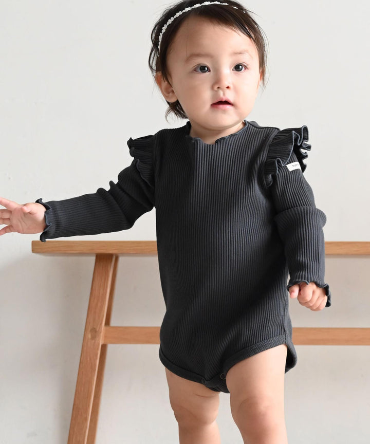 Shoulder-Frill Ribbed Long-Sleeve Romper
