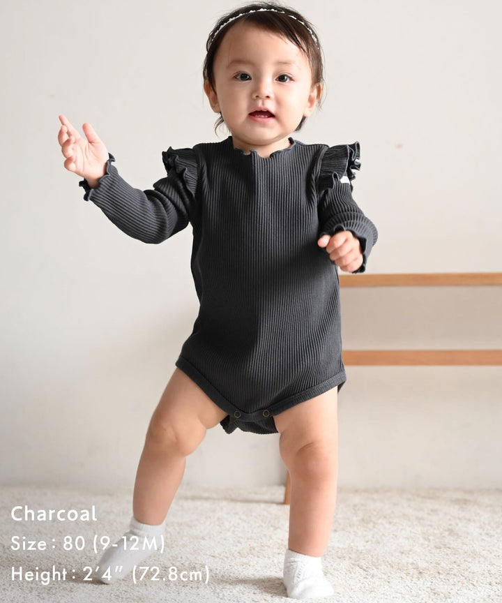 Shoulder-Frill Ribbed Long-Sleeve Romper