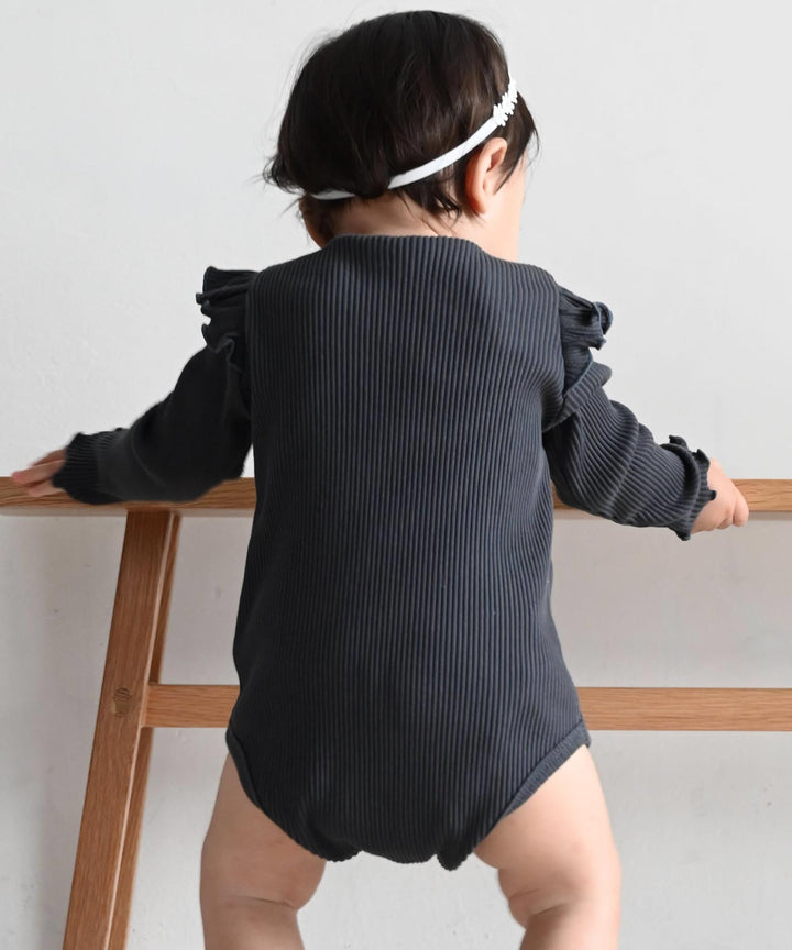 Shoulder-Frill Ribbed Long-Sleeve Romper