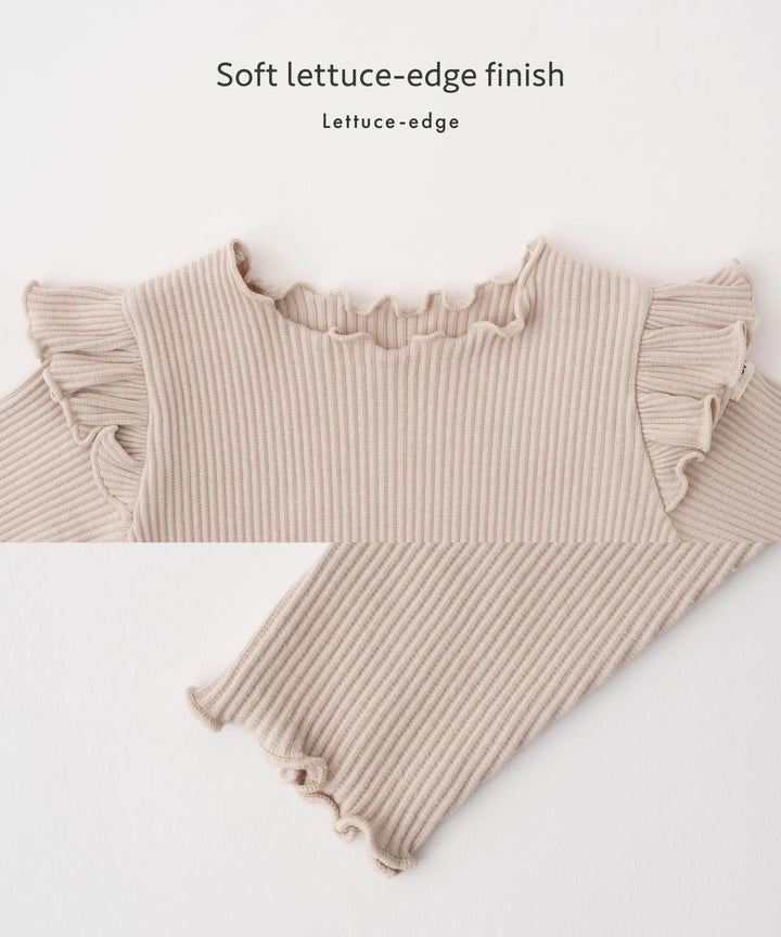 Shoulder-Frill Ribbed Long-Sleeve Romper