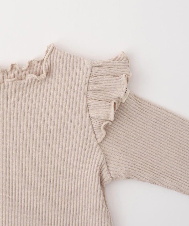 Shoulder-Frill Ribbed Long-Sleeve Romper