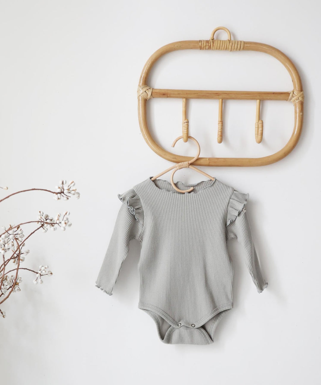 Shoulder-Frill Ribbed Long-Sleeve Romper