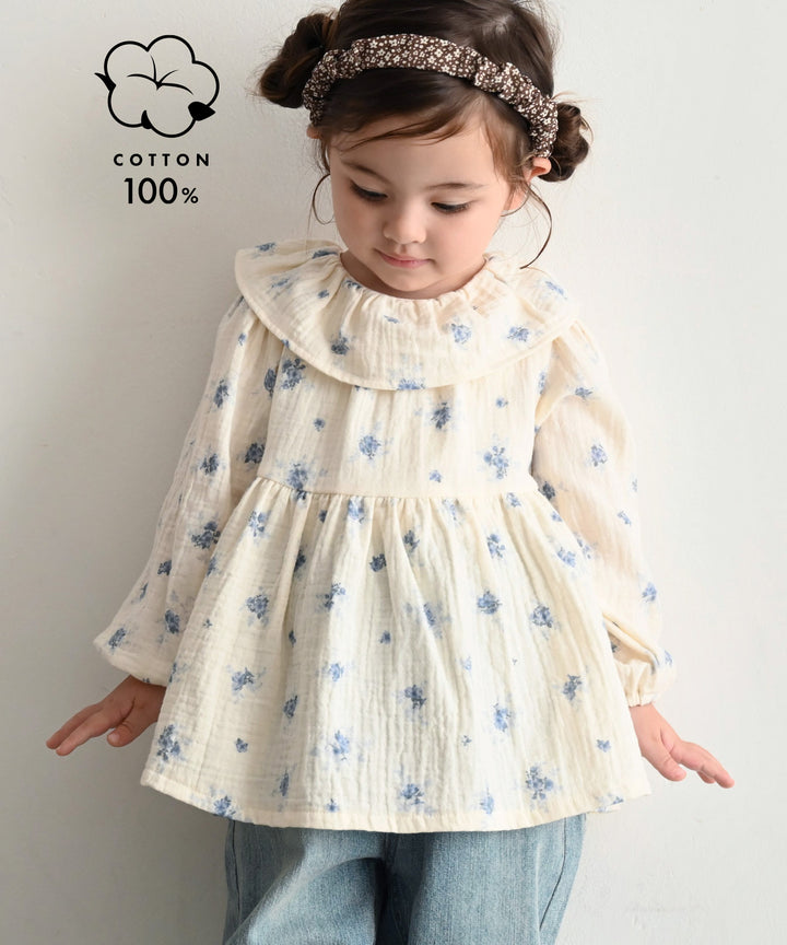 Double Gauze Blouse with Frilled Collar