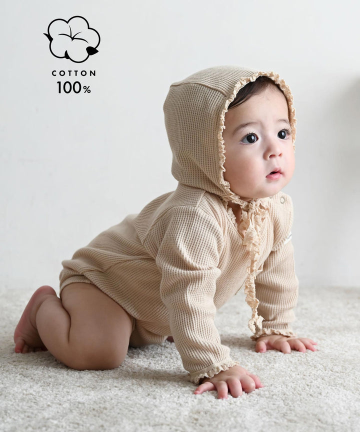 Long-Sleeve Waffle Romper with Bonnet