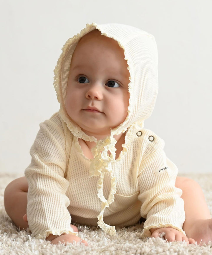 Long-Sleeve Waffle Romper with Bonnet