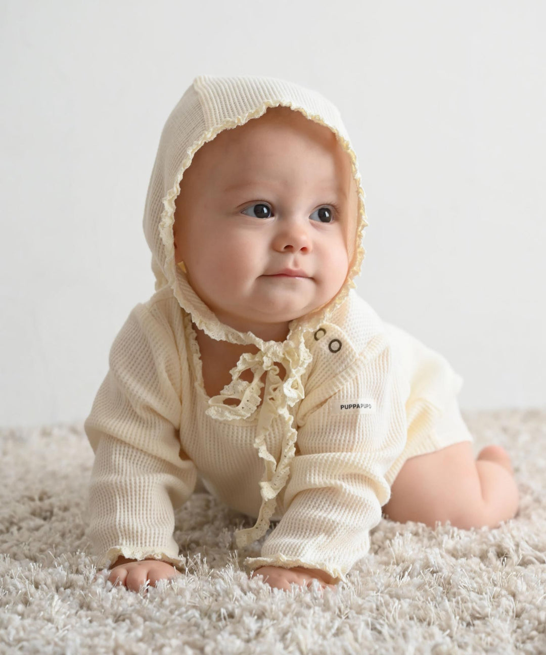 Long-Sleeve Waffle Romper with Bonnet