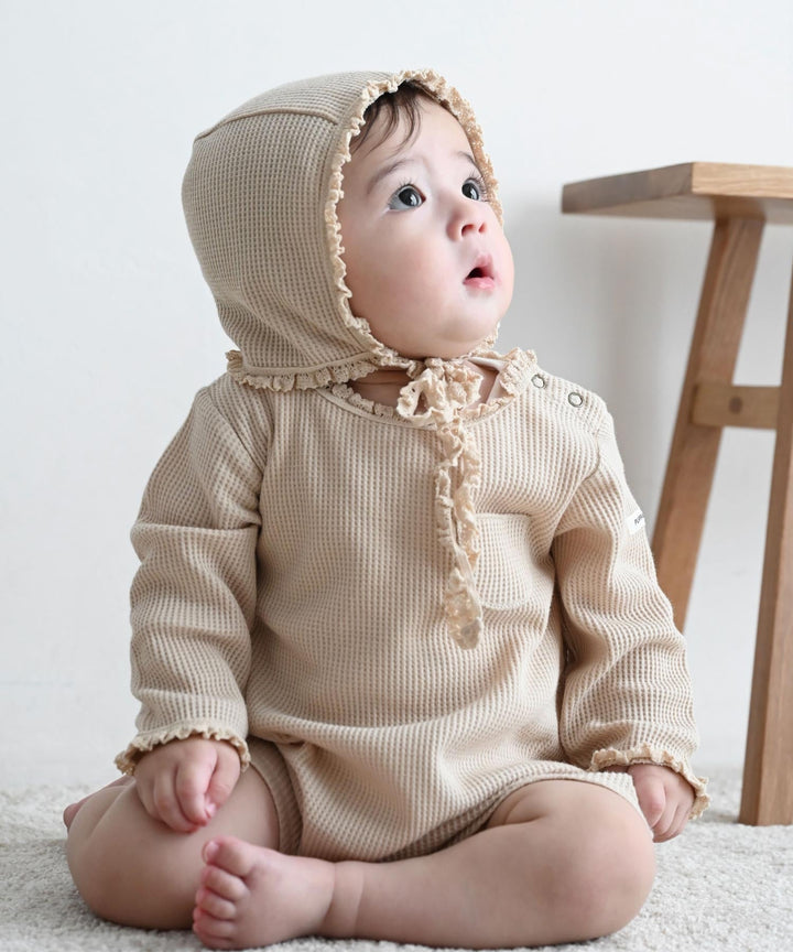 Long-Sleeve Waffle Romper with Bonnet