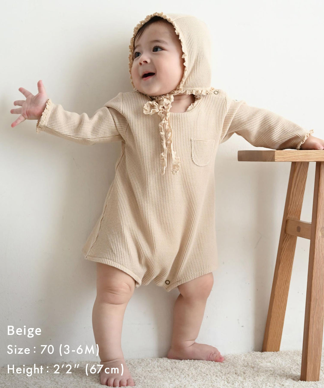 Long-Sleeve Waffle Romper with Bonnet