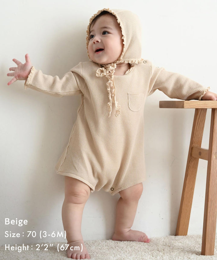 Long-Sleeve Waffle Romper with Bonnet