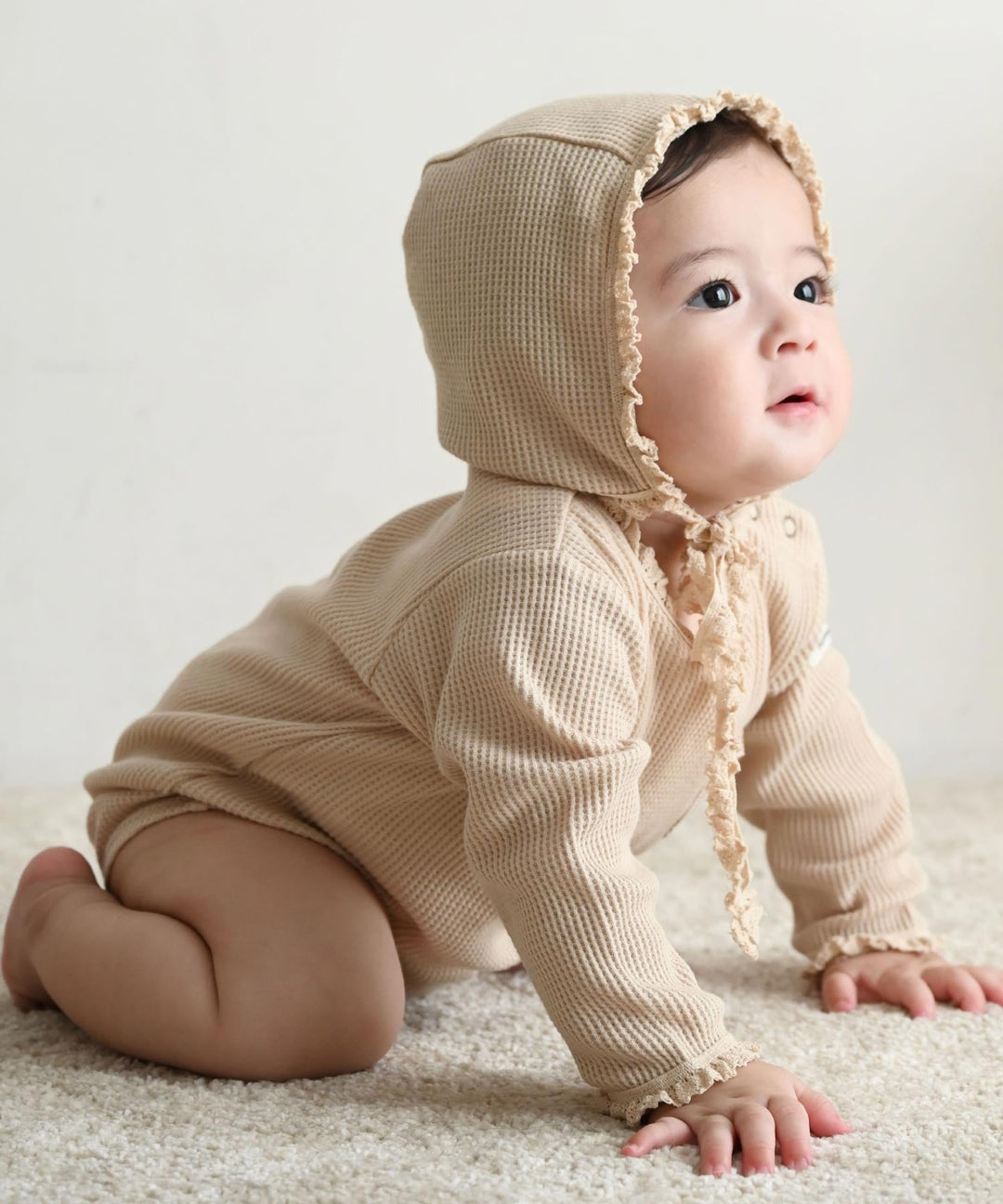 Long-Sleeve Waffle Romper with Bonnet