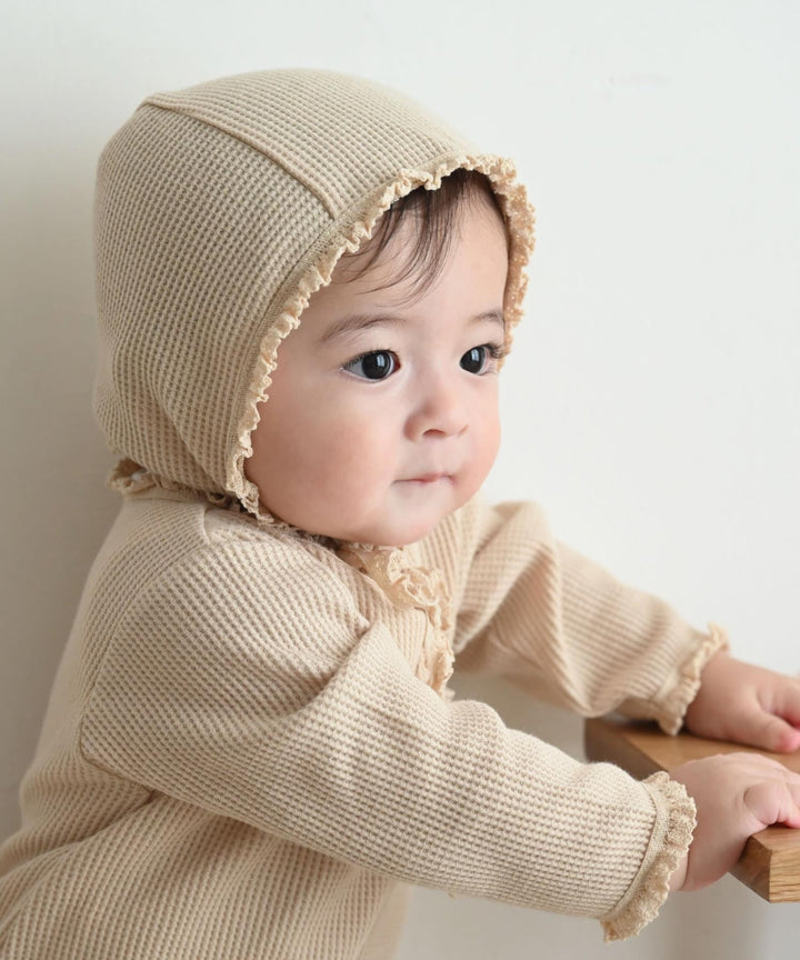 Long-Sleeve Waffle Romper with Bonnet
