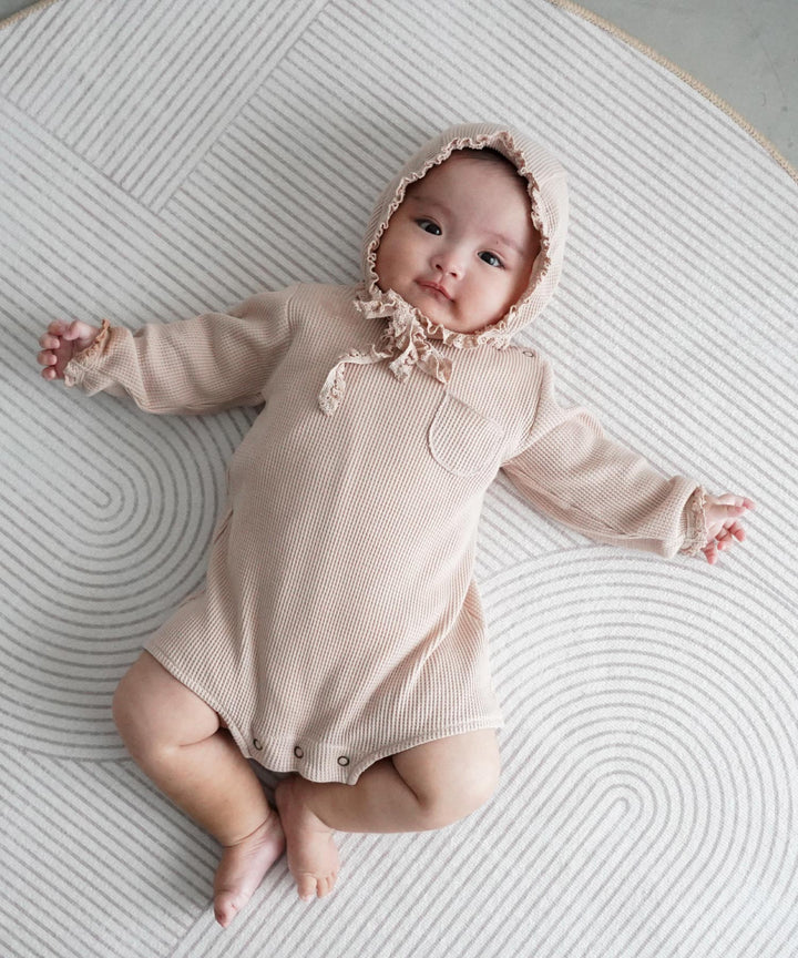 Long-Sleeve Waffle Romper with Bonnet