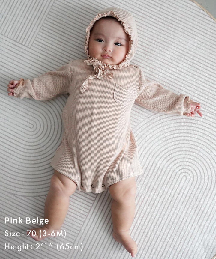 Long-Sleeve Waffle Romper with Bonnet