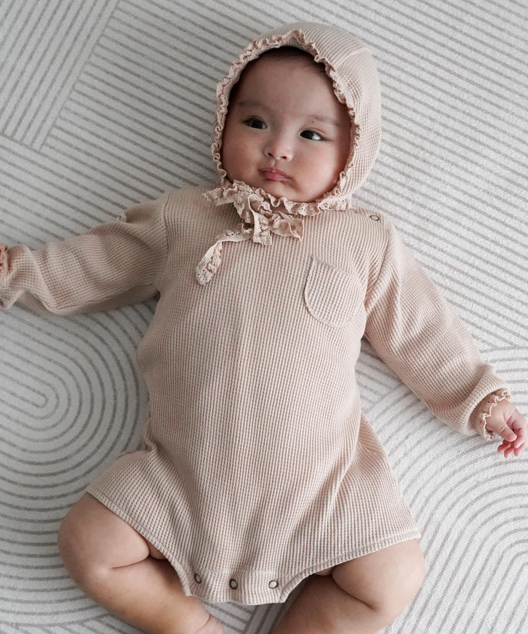 Long-Sleeve Waffle Romper with Bonnet