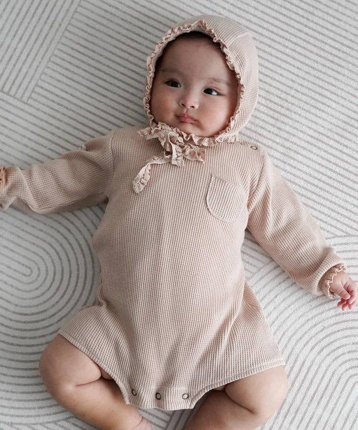 Long-Sleeve Waffle Romper with Bonnet